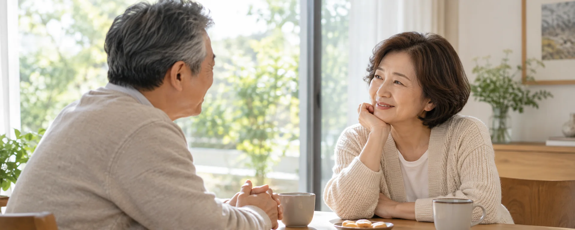 밝은 거실에서 서로 바라보며 미소 짓는 중년 부부